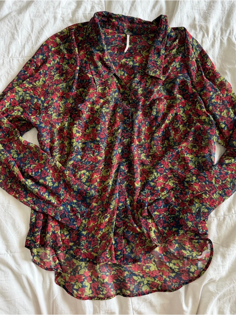 Free People Floral Button-Front V-Neck Blouse - Red, Green & Navy